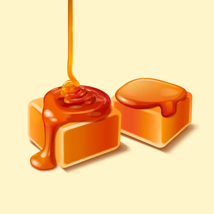 Vector 滴るシロップ、3dイラストとキャラメル菓子のクローズアップを見てください
