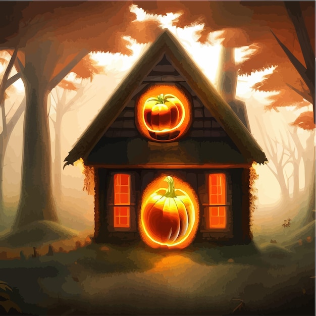 Vector closeup luminous halloween pumpkin named jackolantern in forest for atmosphere and banner on this