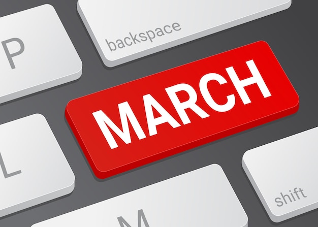 Closeup of the march month button on a realistic white modern keyboard illustration of a laptop