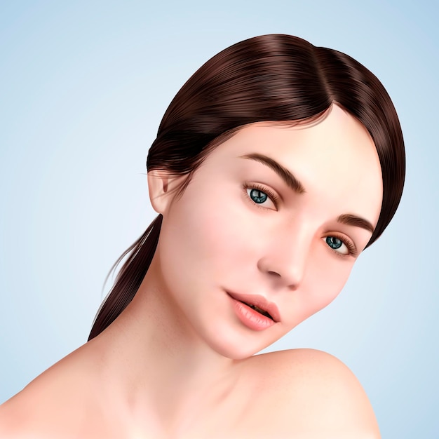 Vector closeup portrait of brunette model, young woman with charming eyes for cosmetic or medical ads use, 3d illustration