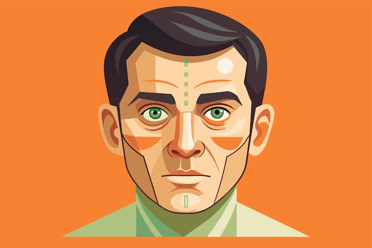 Vector closeup portrait of a man with striking green eyes looking directly at the camera rhinoplasty customizable disproportionate illustration