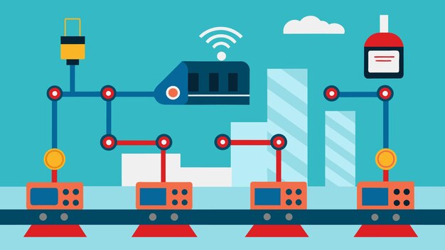 Vector closeup of a production line with embedded sensors and smart cameras powered by ai and ml technology