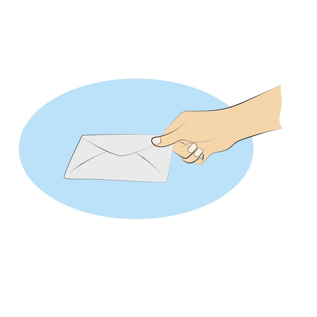 closeup right hand holding blank envelope on blue copy space illustration vector hand drawn isolated on white background