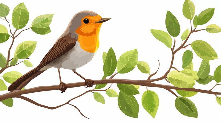 Vector closeup robin perched tree branch