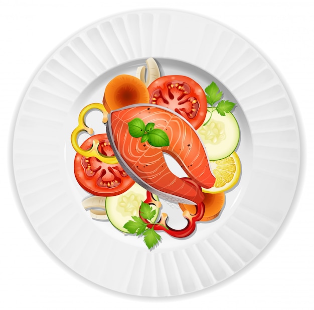 a closeup salmon steak and salad