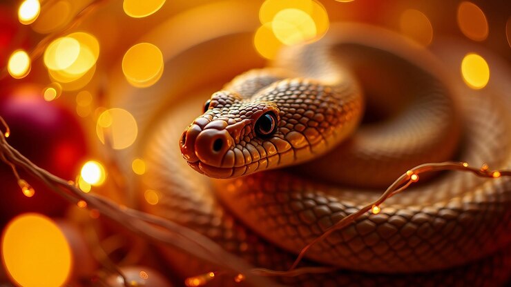 Vector closeup of snake with red festive lights and decorations