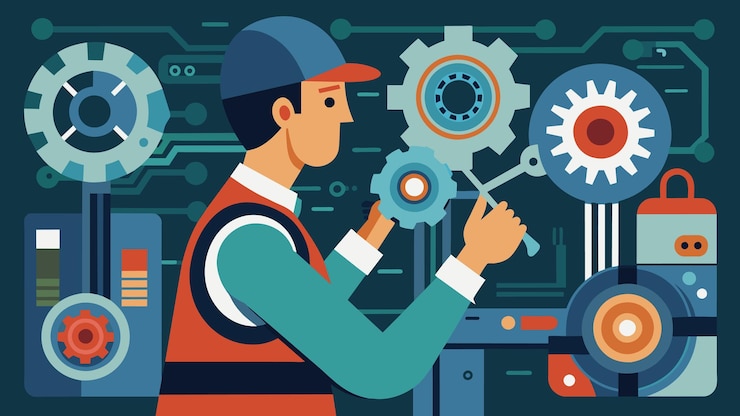 Vector a closeup of a technicians hands adjusting delicate machinery components with specialized tools