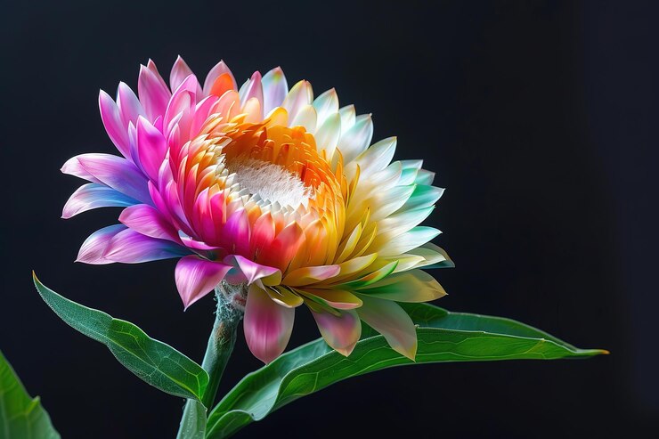 Vector closeup of a vibrant orange and yellow dahlia flower against a black background showcasing its int