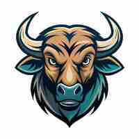 Vector closeup view of a bulls head featuring large horns and striking blue eyes exuding a sense of strength and power elegance drawing art buffalo cow ox bull head logo design