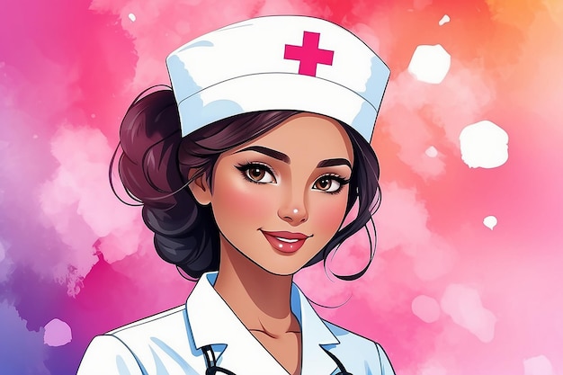 ベクトル 女性の頭のクローズアップの白いシルエットが色とりどりの水彩とピンクのボケの背景にイベントの日と名前が書かれた看護師の帽子をかぶっています