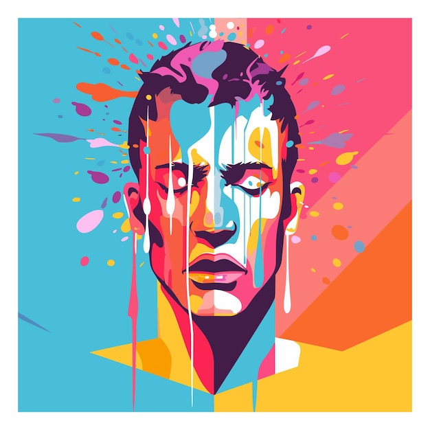 Closeup of young man with multi colored face paint on a colorful background vector illustration