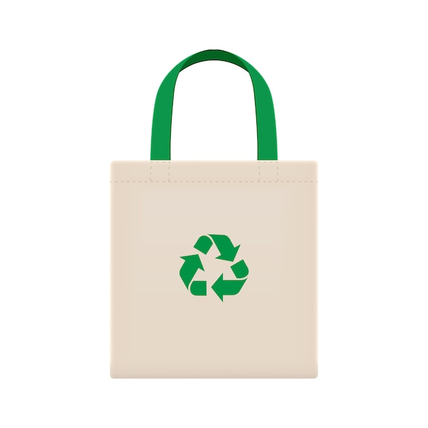 Vettore sacchetti di stoffa eco vuoti o sacchetti di stoffa di filo di cotone, sacchetti vuoti e simbolo del riciclaggio verde