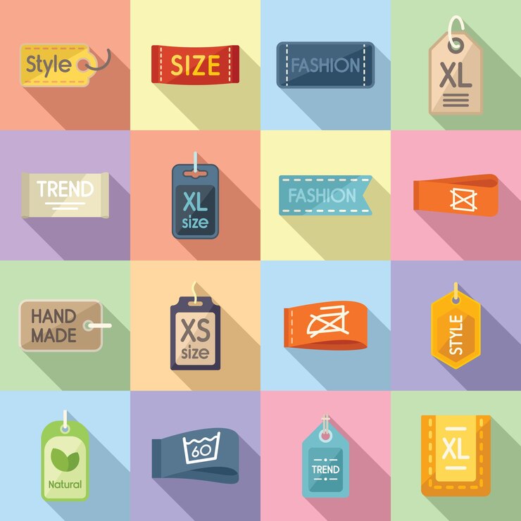 Vector cloth label icons set flat vector. fabric tag. fashion stitch
