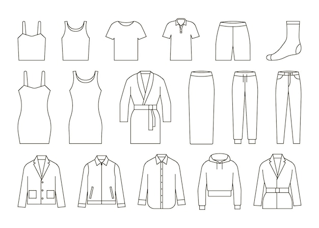 천 라인 아이콘 세트입니다. 속옷과 겉옷. 셔츠 양말 청바지 코트 재킷 바지 드레스