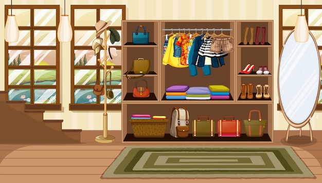 Vector clothes and accessories in opened wardrobe in the room scene