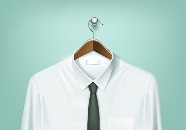  Clothes Coat Brown Wooden Hanger with White Shirt and Black Tie Close Up Isolated on Background