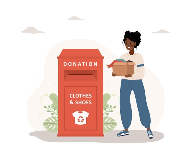 Donazione di vestiti donna africana con scatola di cartone dà cose per il riciclaggio o donato cestino per abbigliamento o contenitore per il riciclaggio volontariato e assistenza sociale illustrazione vettoriale in stile cartone animato piatto