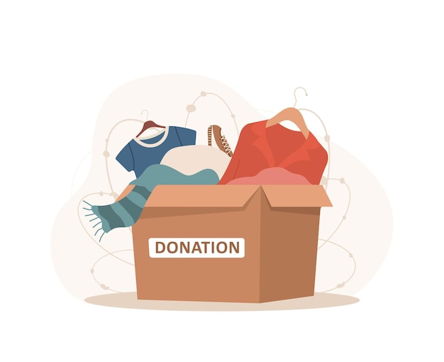 Vettore donazione di vestiti scatola di cartone piena di cose diverse concetto di volontariato