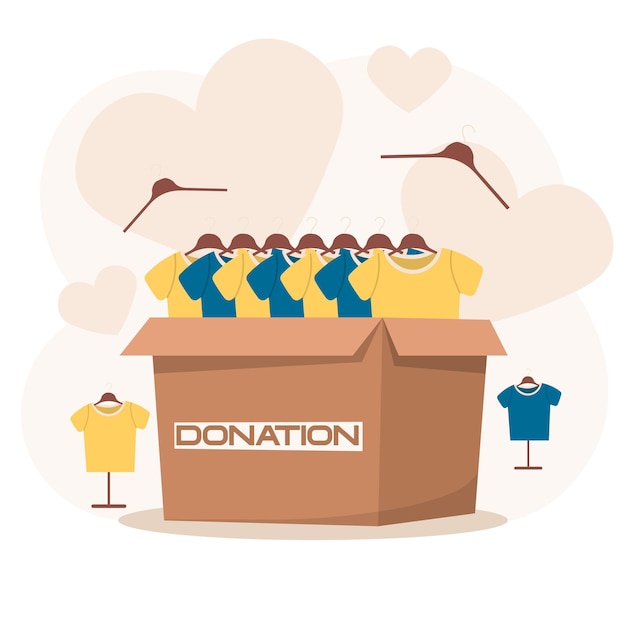 Clothes donation Cardboard box full of things Volunteering and social care concept Support for poor people International charity day Vector illustration in cartoon style