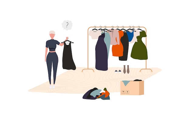 Clothes donation Girl makes clothes donations Boxes full of clothes Vector concept illustrations