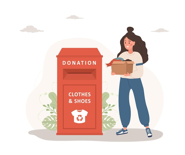 Clothes donation Woman with cardboard box gives things for recycling or donated