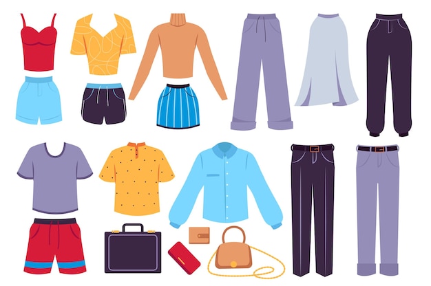 Premium Vector  Clothes elements isolated set in flat design. bundle of  t-shirt, top, shorts, blouse, pants, skirt