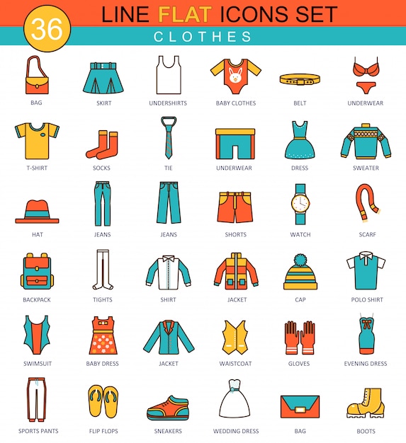 Clothes flat line icons set