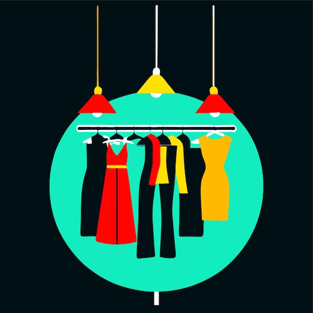 Vector clothes hang on a hanger illuminated by lamps fashion boutique assortment showroom