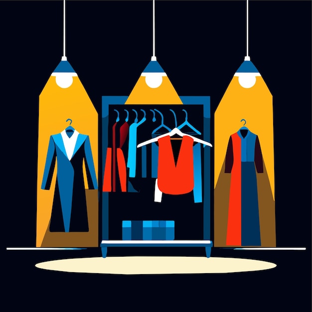 Vector clothes hang on a hanger illuminated by lamps fashion boutique assortment showroom