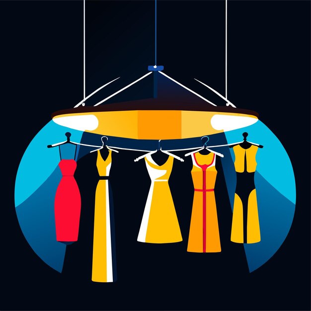 Clothes hang on a hanger illuminated by lamps fashion boutique assortment showroom