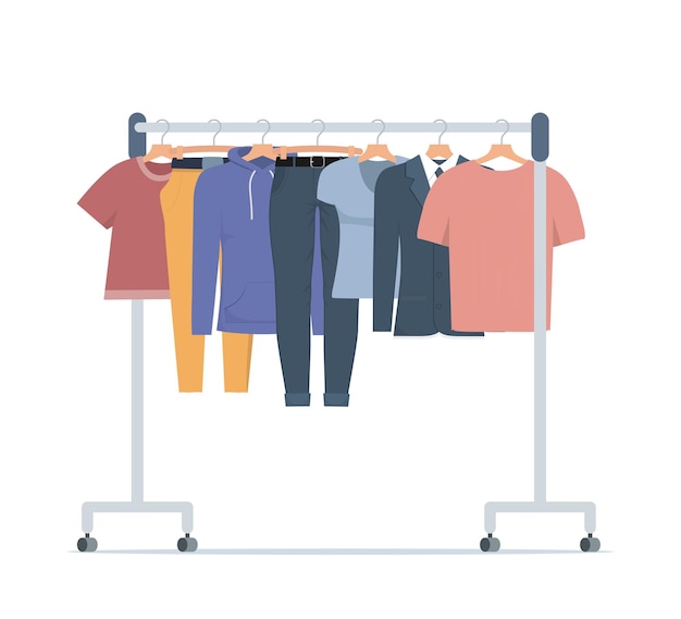 Vector clothes hanger with different casual man and woman clothes casual seasonal clothes