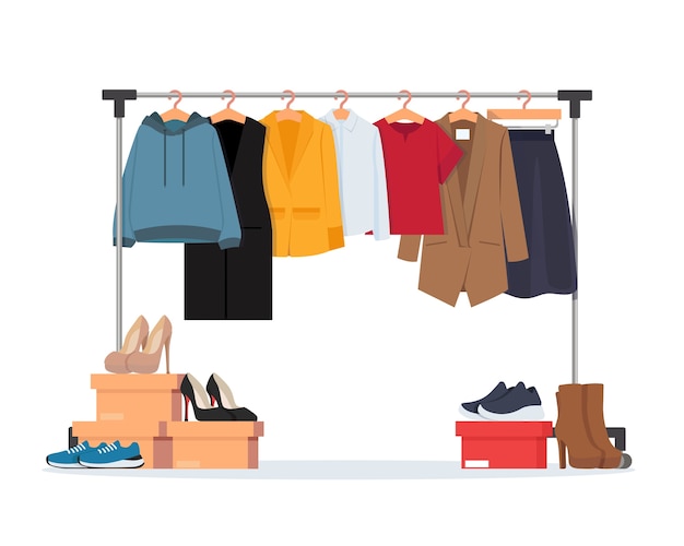 Clothes hanger with different casual woman clothes, footwear. Wardrobe.  illustration in flat style.