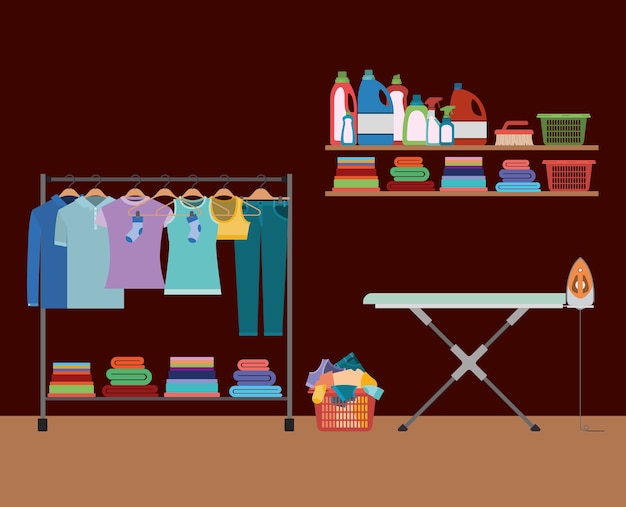 Vector clothes in hangers with table and clothes iron