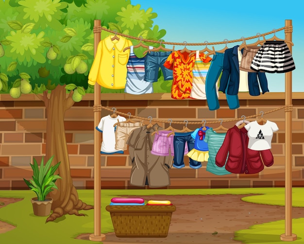 Clothes hanging on clotheslines outdoor scene