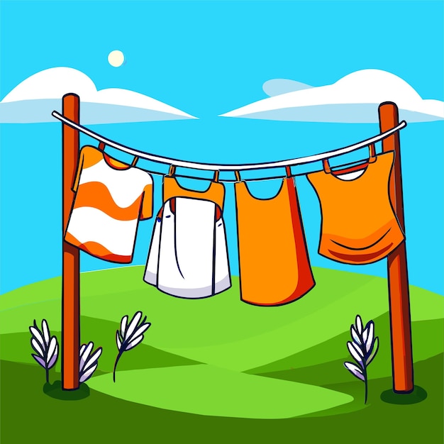 Vector clothes hanging on line in the yard grass in field cartoon vector illustration