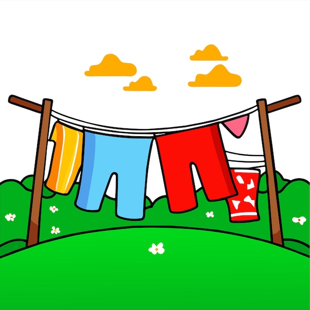 Vector clothes hanging on line in the yard grass in field cartoon vector illustration