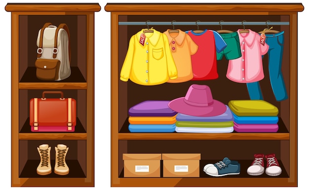 Vector clothes hanging in wardrobe with accessories on white background