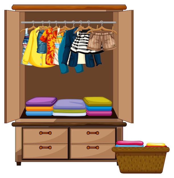 Vector clothes hanging in wardrobe with clothes basket on white background