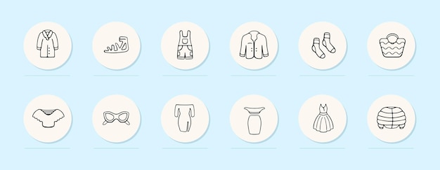 Clothes line icon Dress apron mask bag down jacket coat Pastel color background Vector line icon