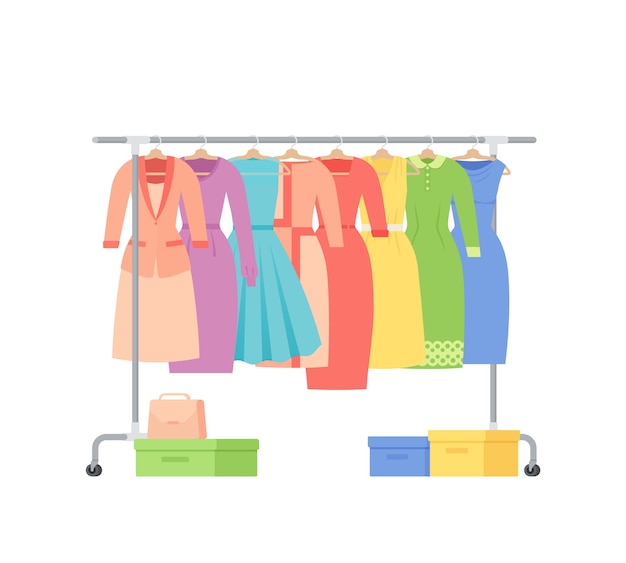 Clothes rack. . Cloth on hangers. Show room. Casual, business women dresses on white background. Flat design. Cartoon illustration.