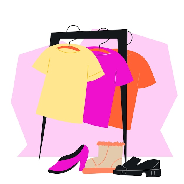 Vector clothes racks with dresses on hangers flat style vector illustration