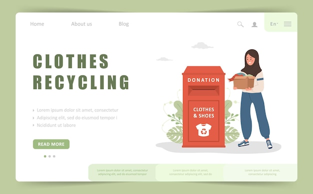 Clothes recycling landing page template Arabic woman with cardboard box gives things for donation