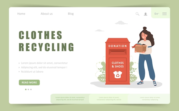 Clothes recycling landing page template Woman with cardboard box gives things for donation