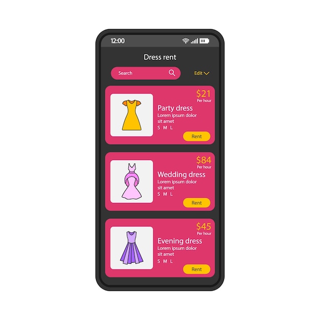 Clothes rent app smartphone interface vector template