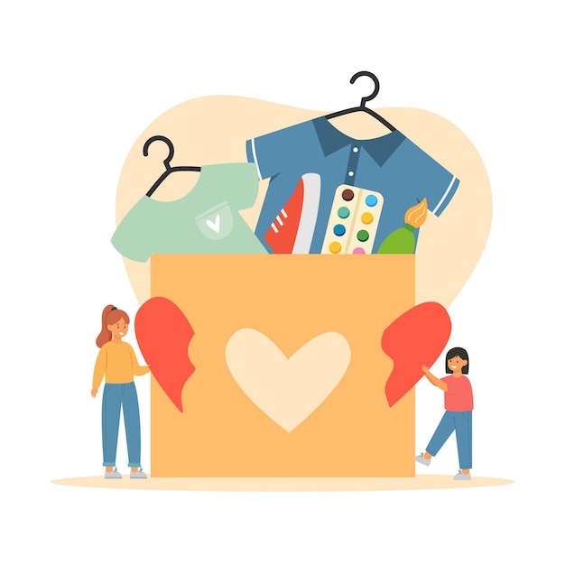 clothes volunteering donation concept mum and daughter with half heart near donation cardboard box
