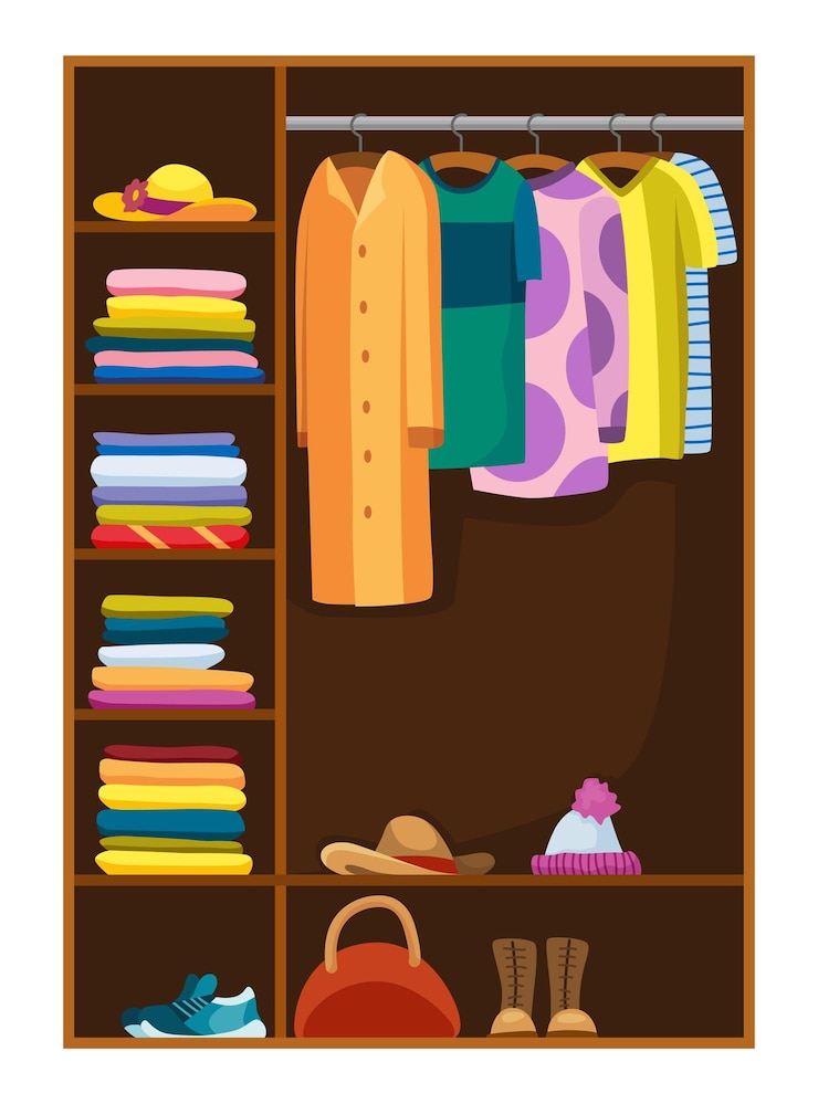 Vector clothes wardrobe room full of woman clothes furniture with shelves for accessories boutique interior design concept flat style vector illustration