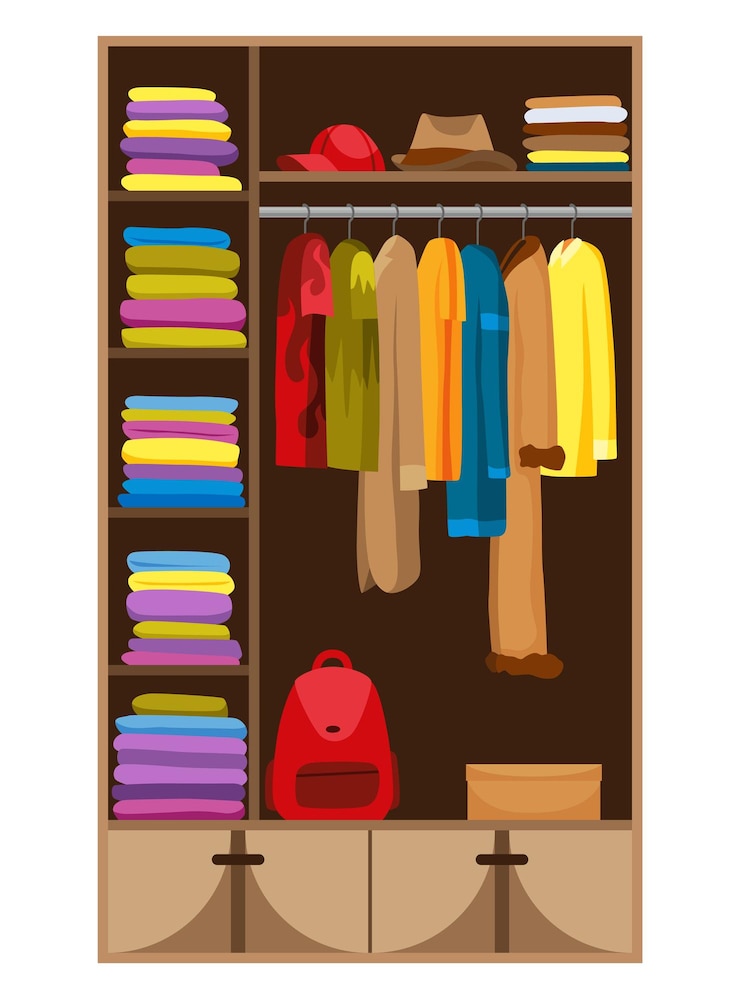 Vector clothes wardrobe room full of woman clothes furniture with shelves for accessories boutique interior design concept flat style vector illustration