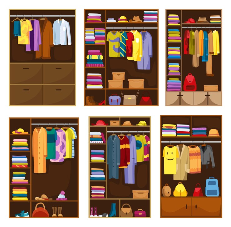 Vector clothes wardrobe room full of woman clothes set of furniture with shelves for accessories boutique interior design concept flat style vector illustration