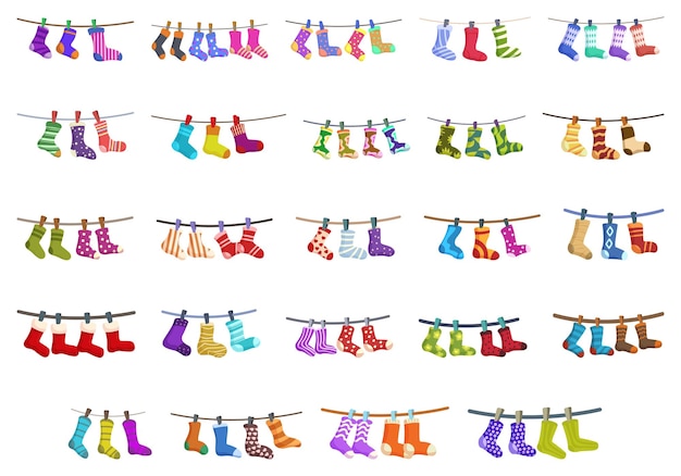 Vector clothesline sock icons set cartoon vector drying hanging