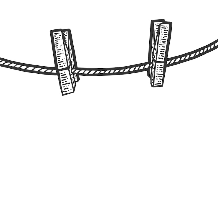 Vector clothesline and two wooden clothespins engraving vector illustration